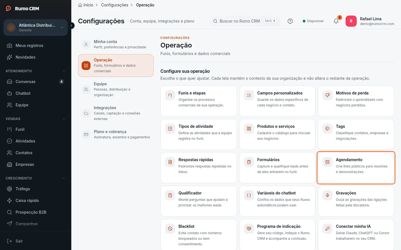 Atalho Agendamento na aba Operação