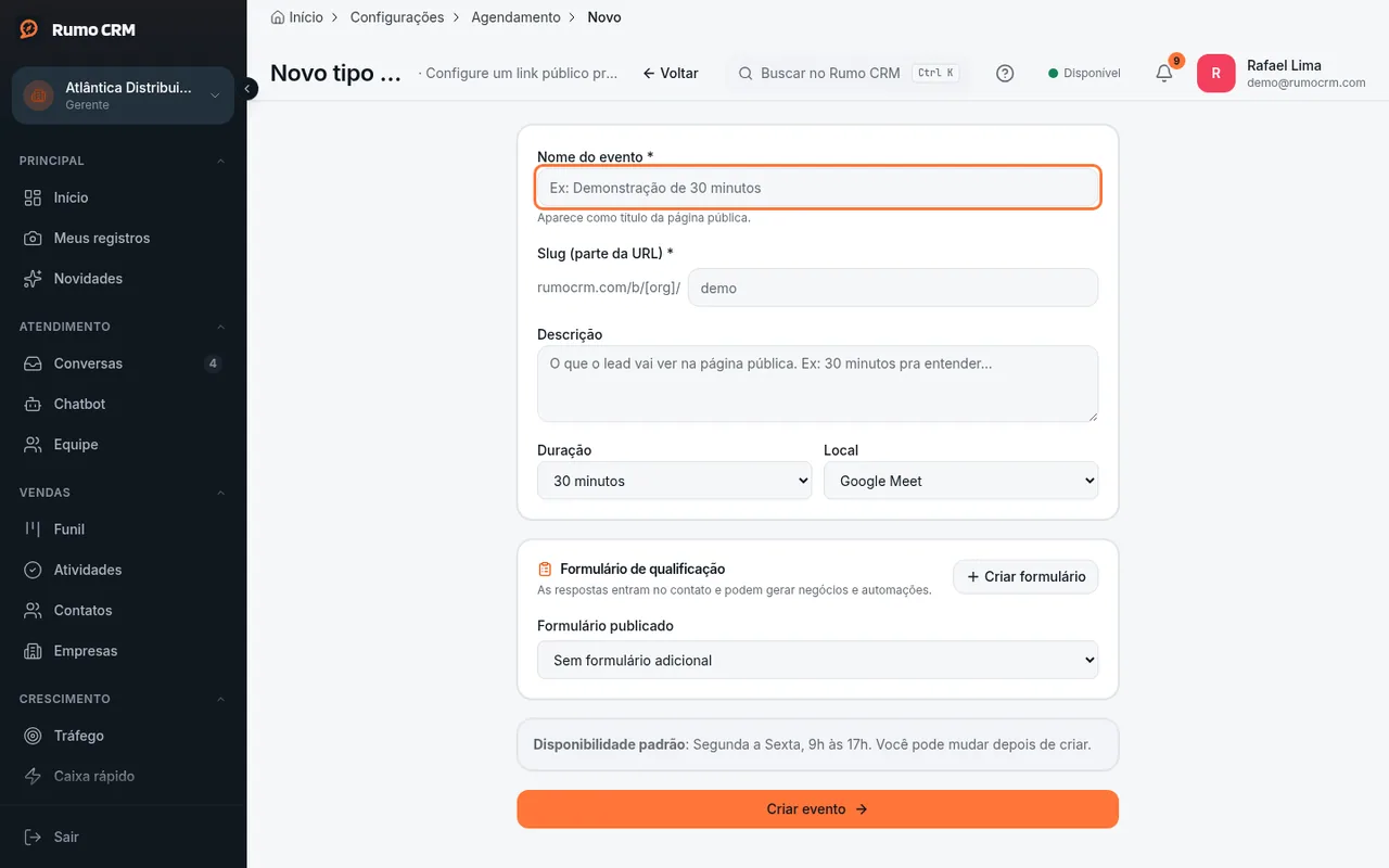 Formulário do novo tipo de evento