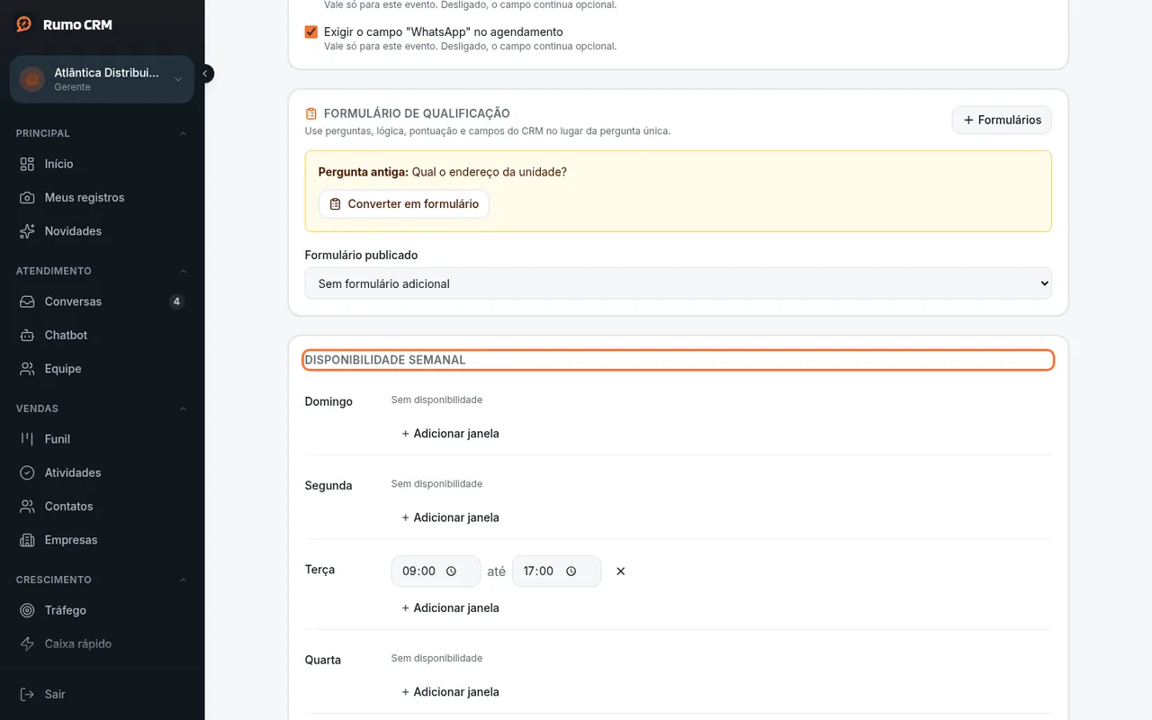 Horários de cada dia da semana