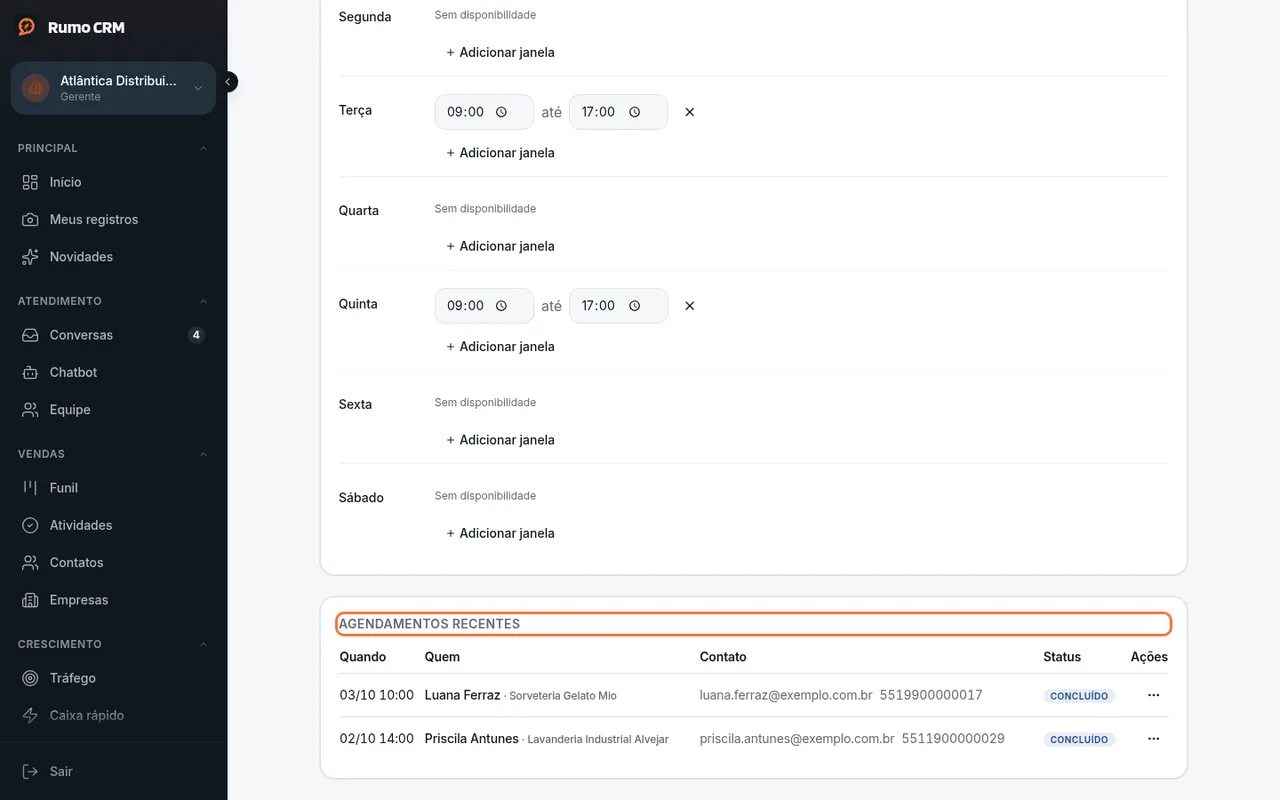 Lista de agendamentos e ações