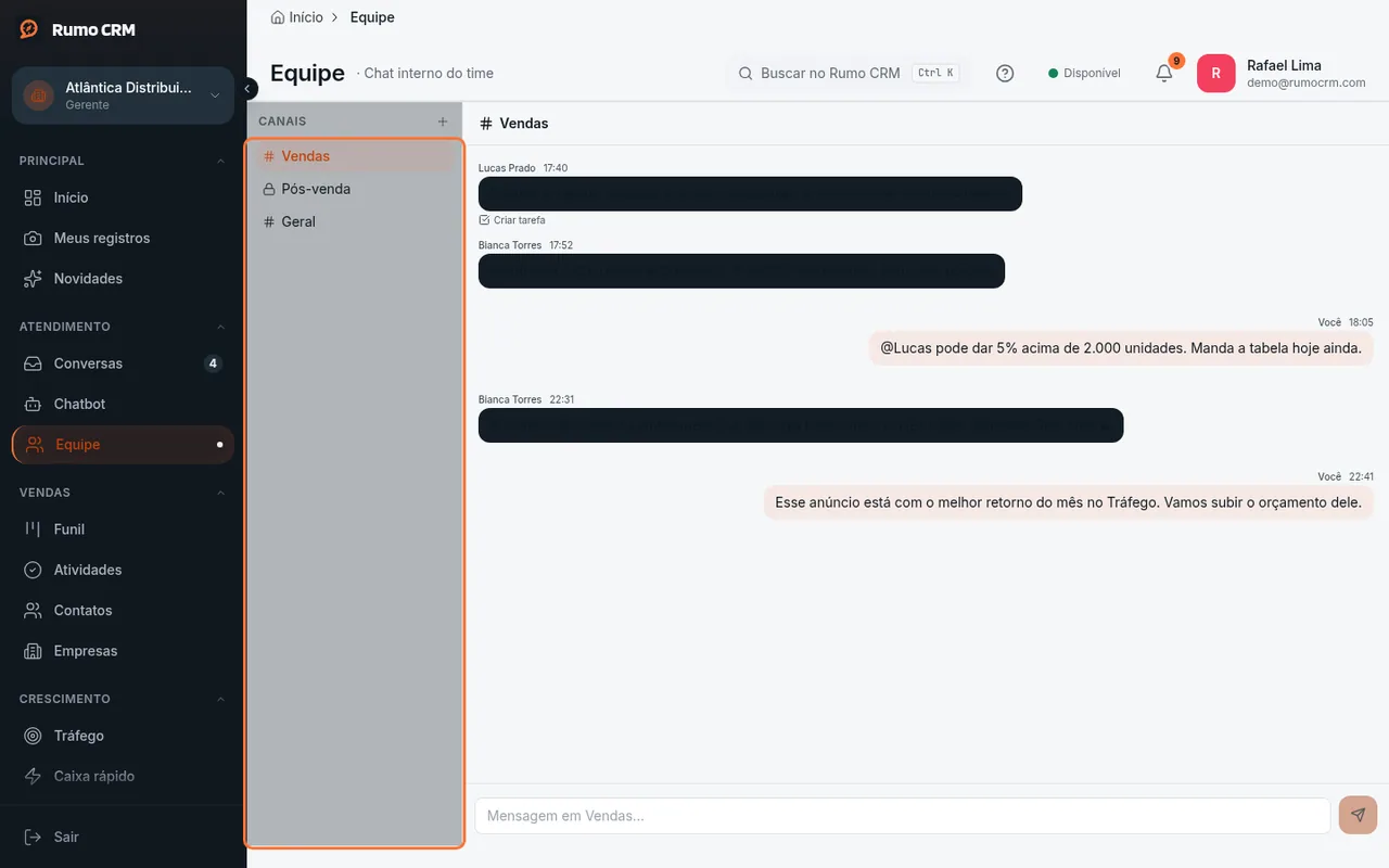 Lista de canais do chat interno