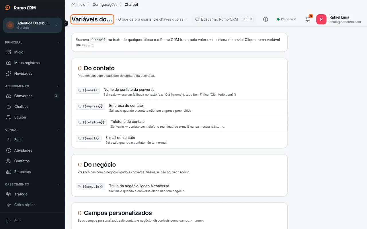Lista de variáveis do chatbot