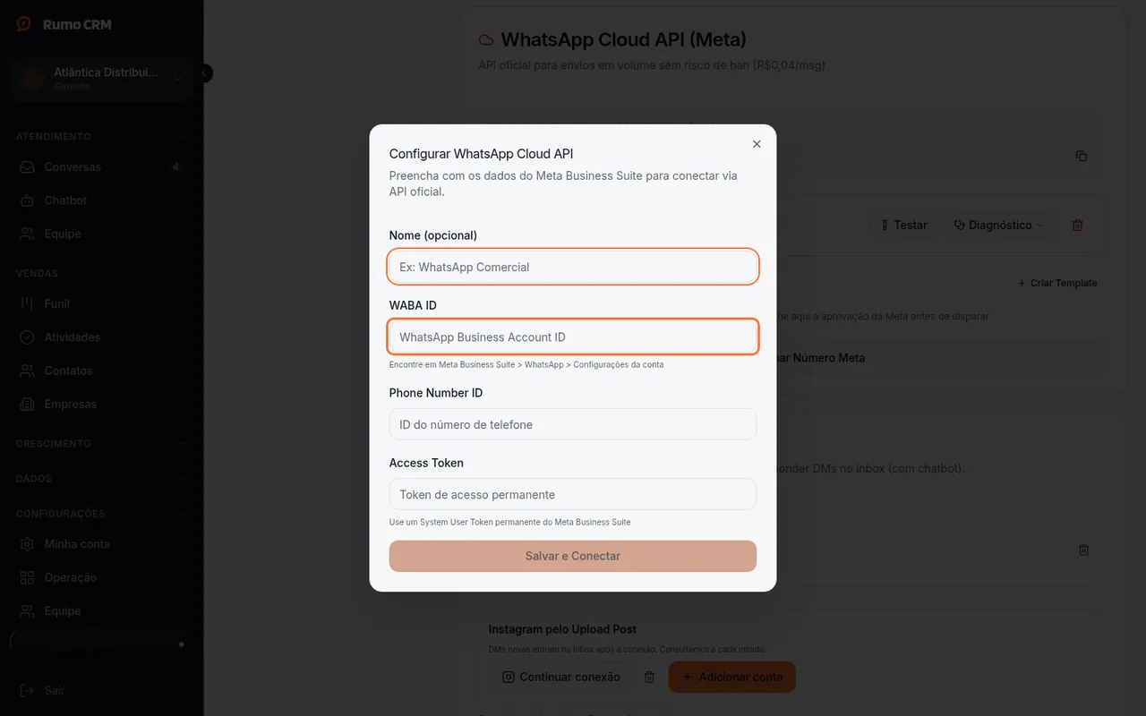 Formulário Configurar WhatsApp Cloud API