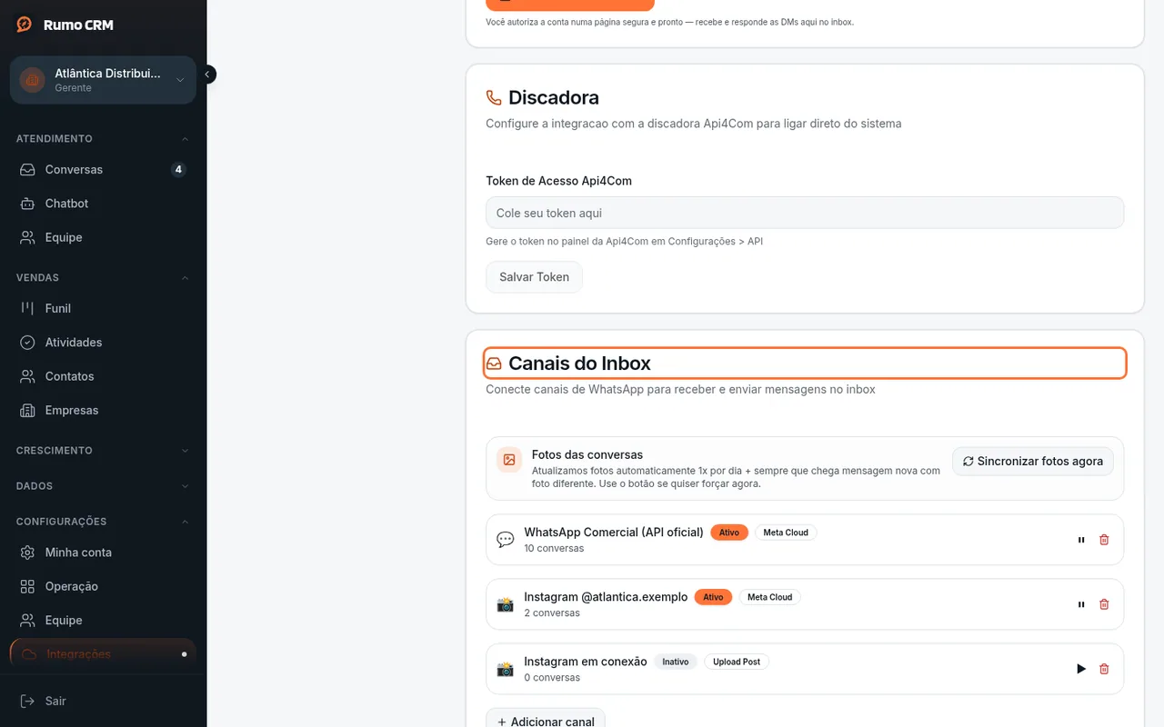 Adicionar canal com Número já conectado