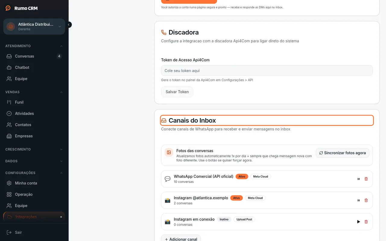 Lista de canais do inbox
