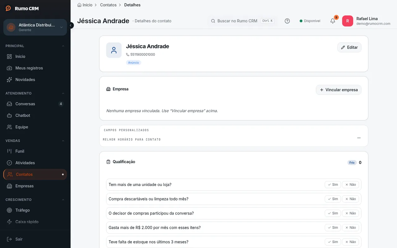 Negócios e conversas do contato