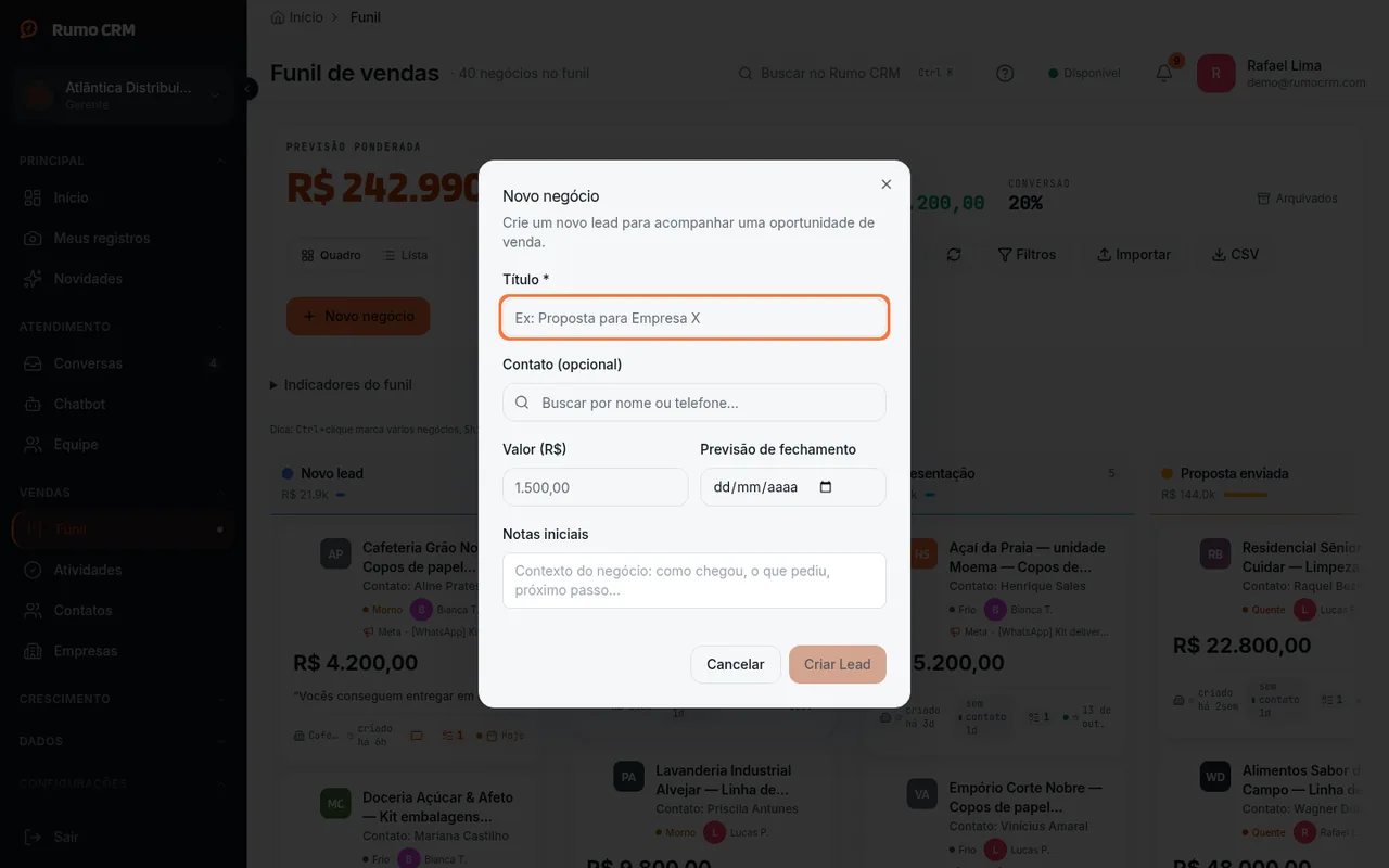 Formulário Novo negócio com Título e Valor