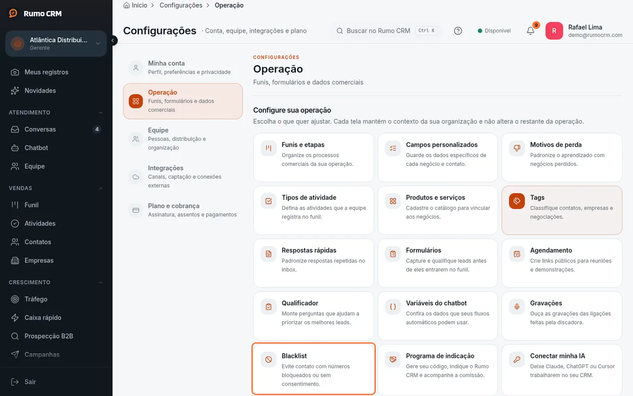 Atalho Blacklist na aba Operação