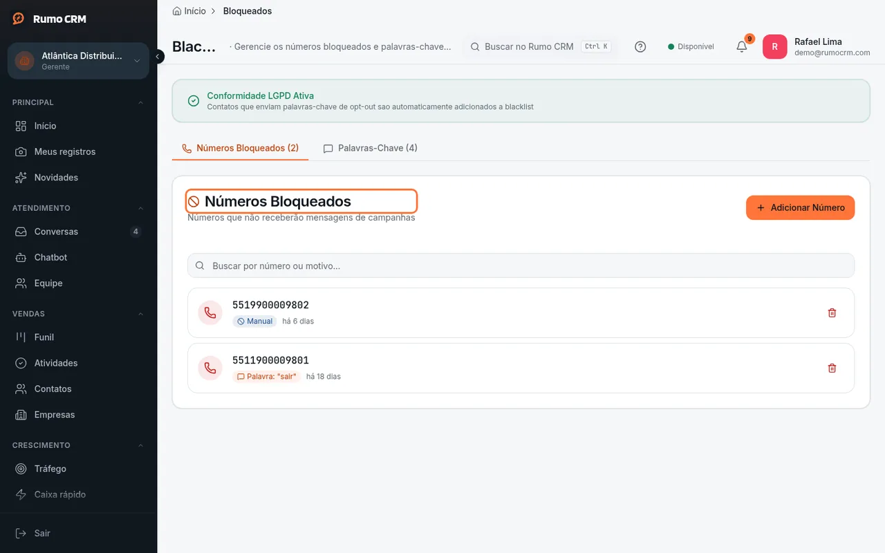 Lista de números com o selo da palavra