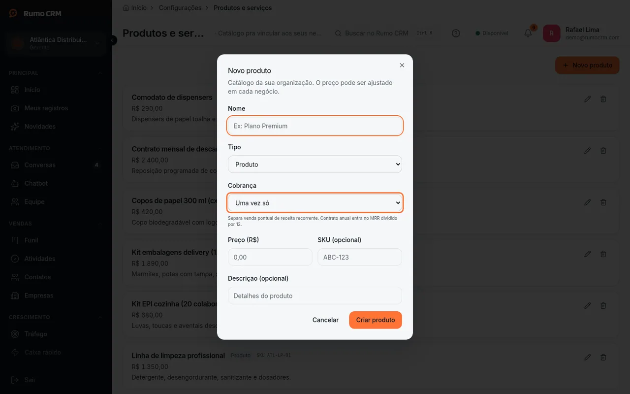 Campo Cobrança no formulário de produto