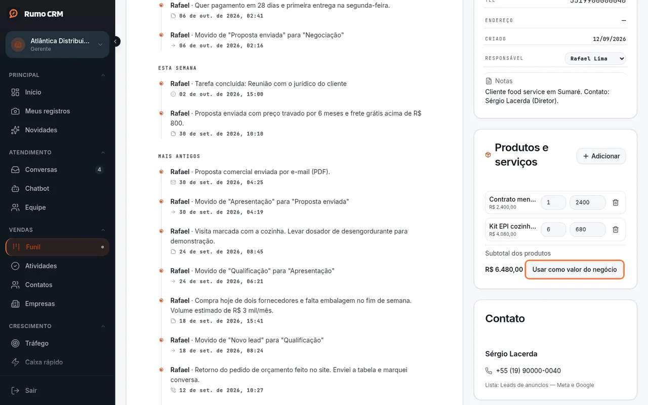 Botão Usar como valor do negócio