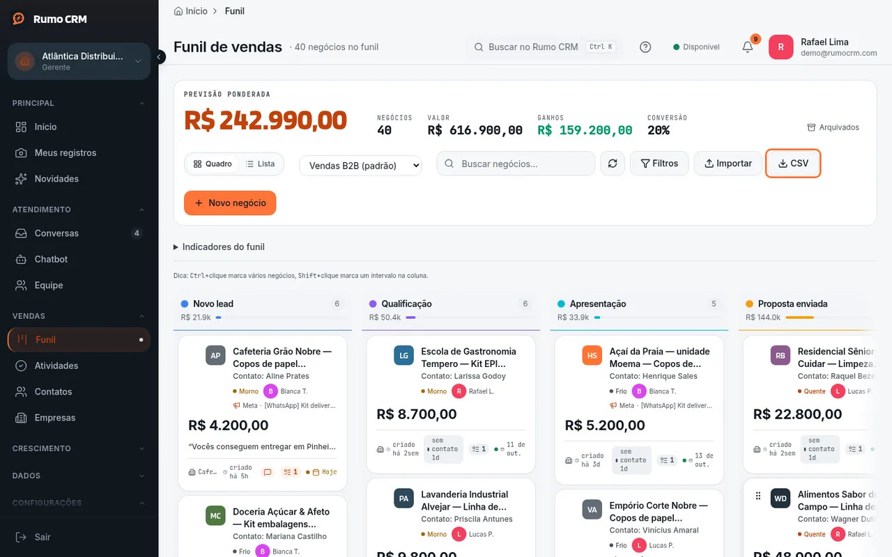 Botão CSV no topo do Funil