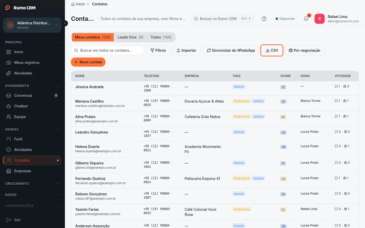 Botão CSV em Contatos