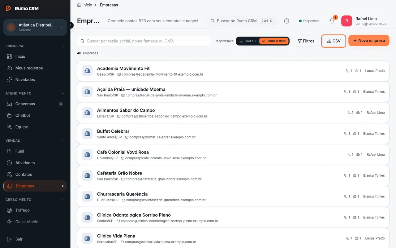 Botão CSV em Empresas