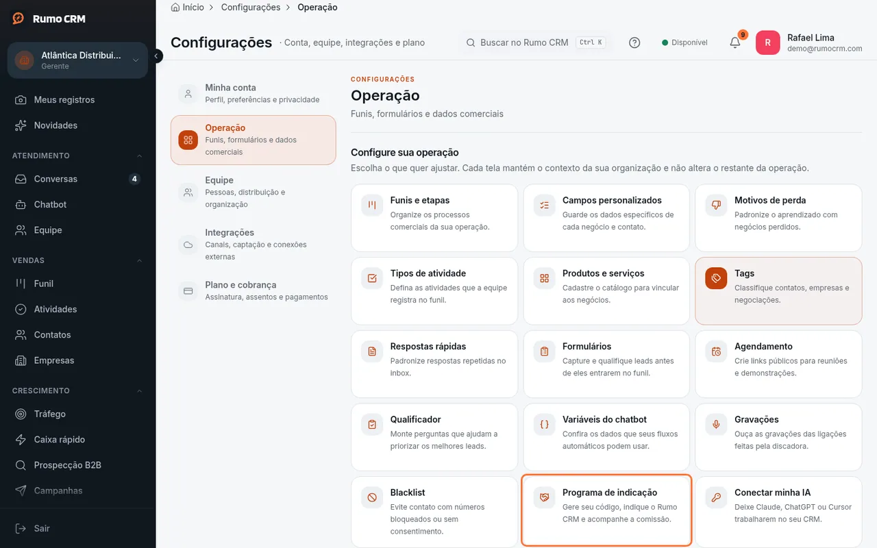 Atalho Programa de indicação em Operação