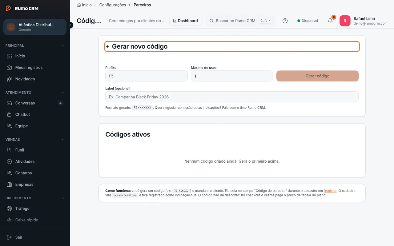 Formulário Gerar novo código