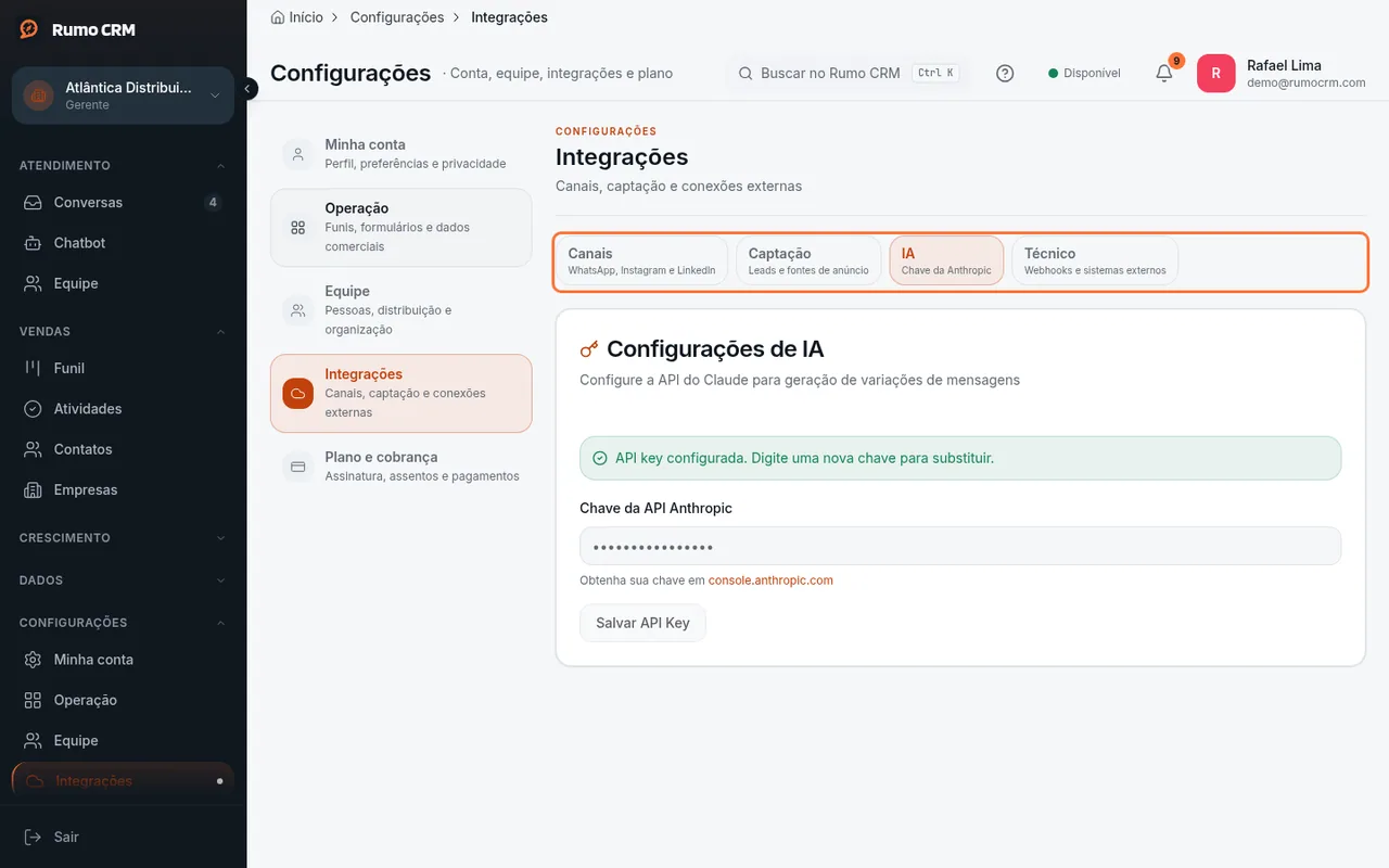 Seção IA dentro de Integrações