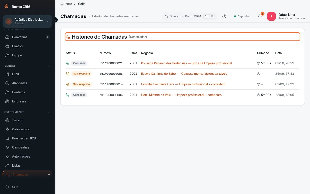 Histórico com as suas ligações