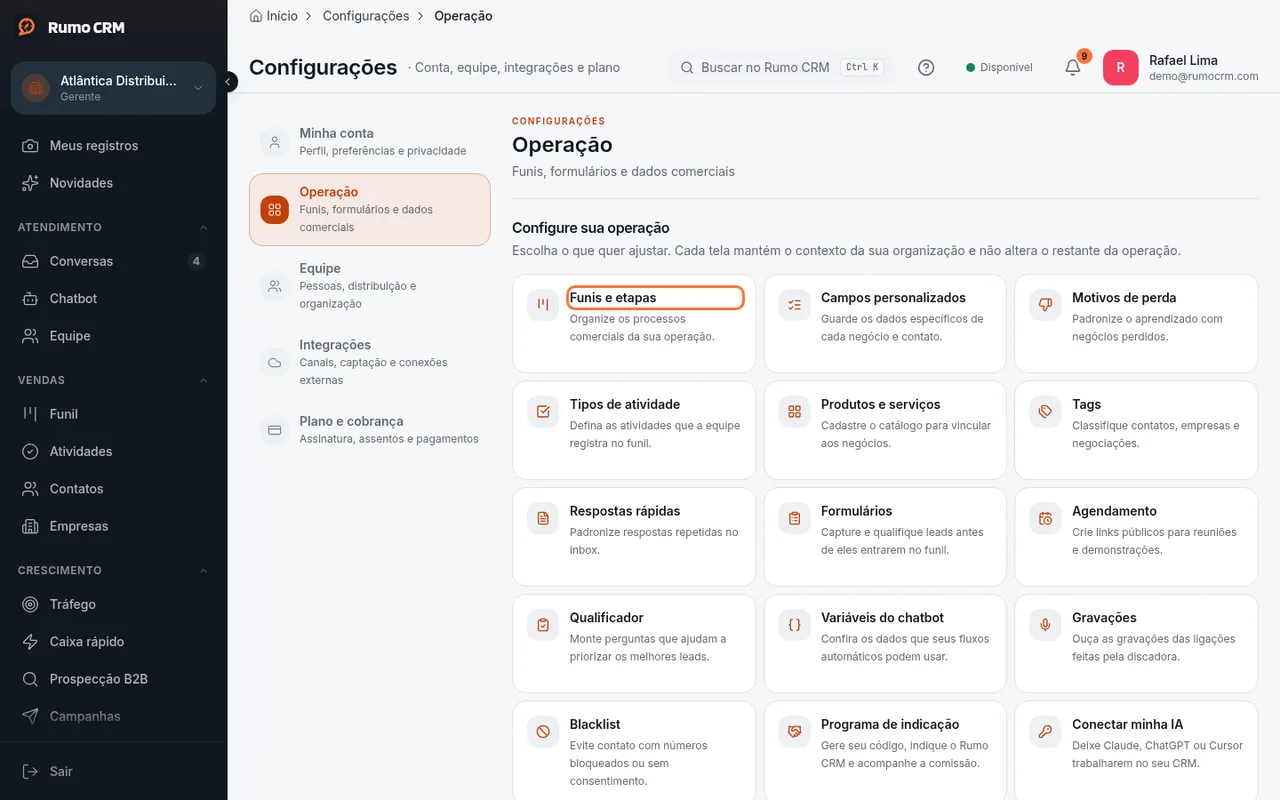 Card Funis e etapas em Operação