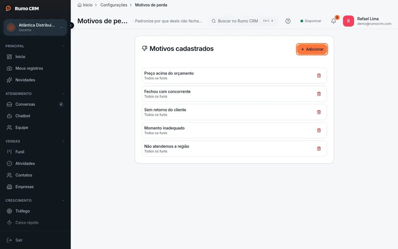 Botão Adicionar motivo de perda