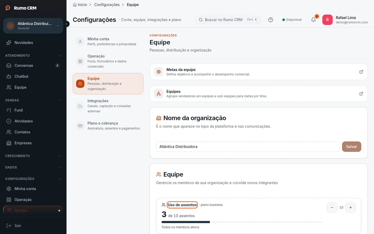 Card Uso de assentos na aba Equipe