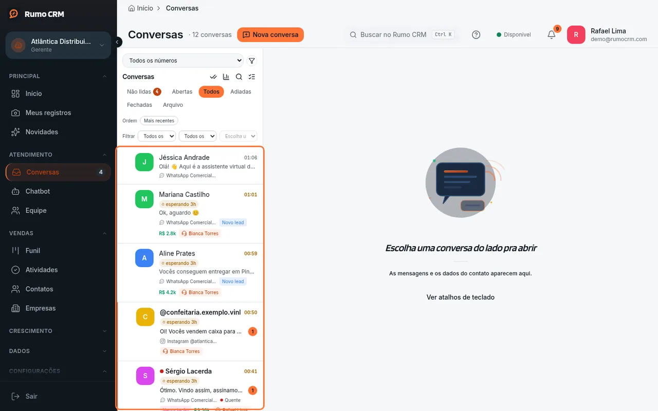 Abas Não lidas, Abertas, Todos e Adiadas
