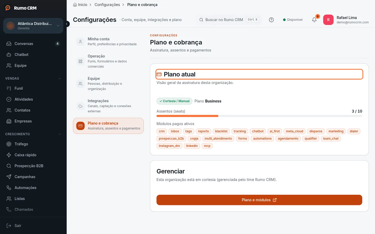 Card Plano atual com a situação da assinatura