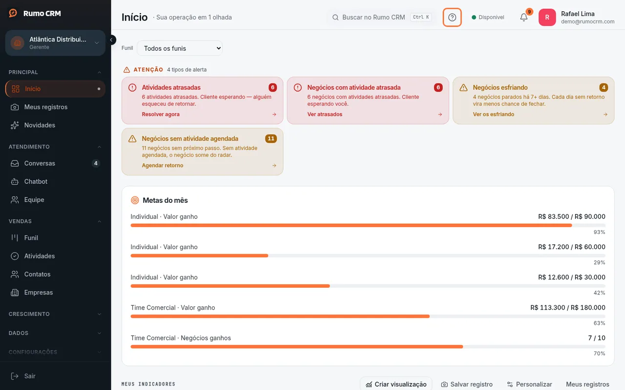 Ícone de ajuda no topo da tela