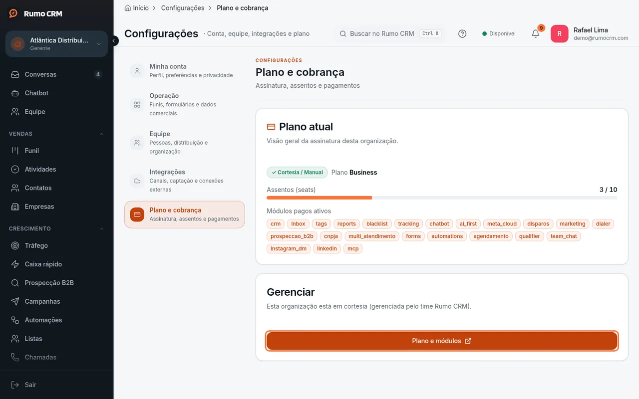 Botão Plano e módulos em Plano e cobrança