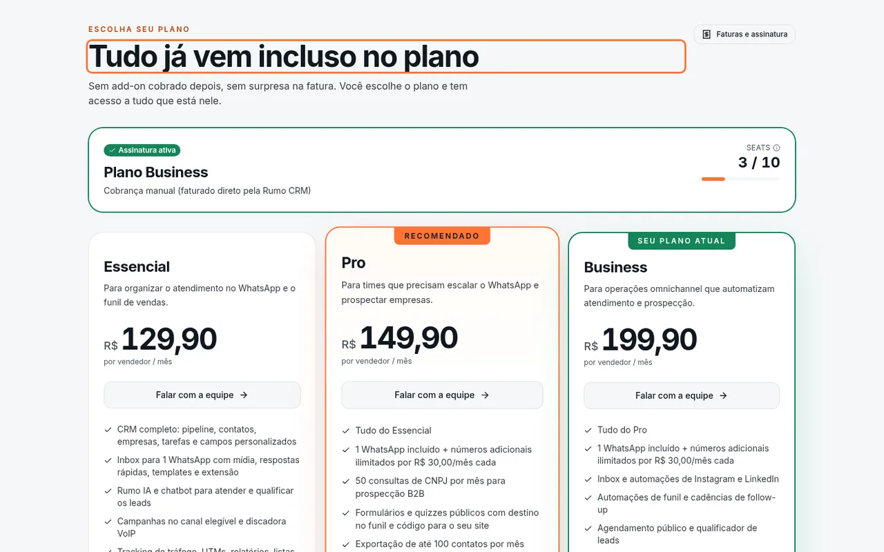Cards dos planos Essencial, Pro e Business