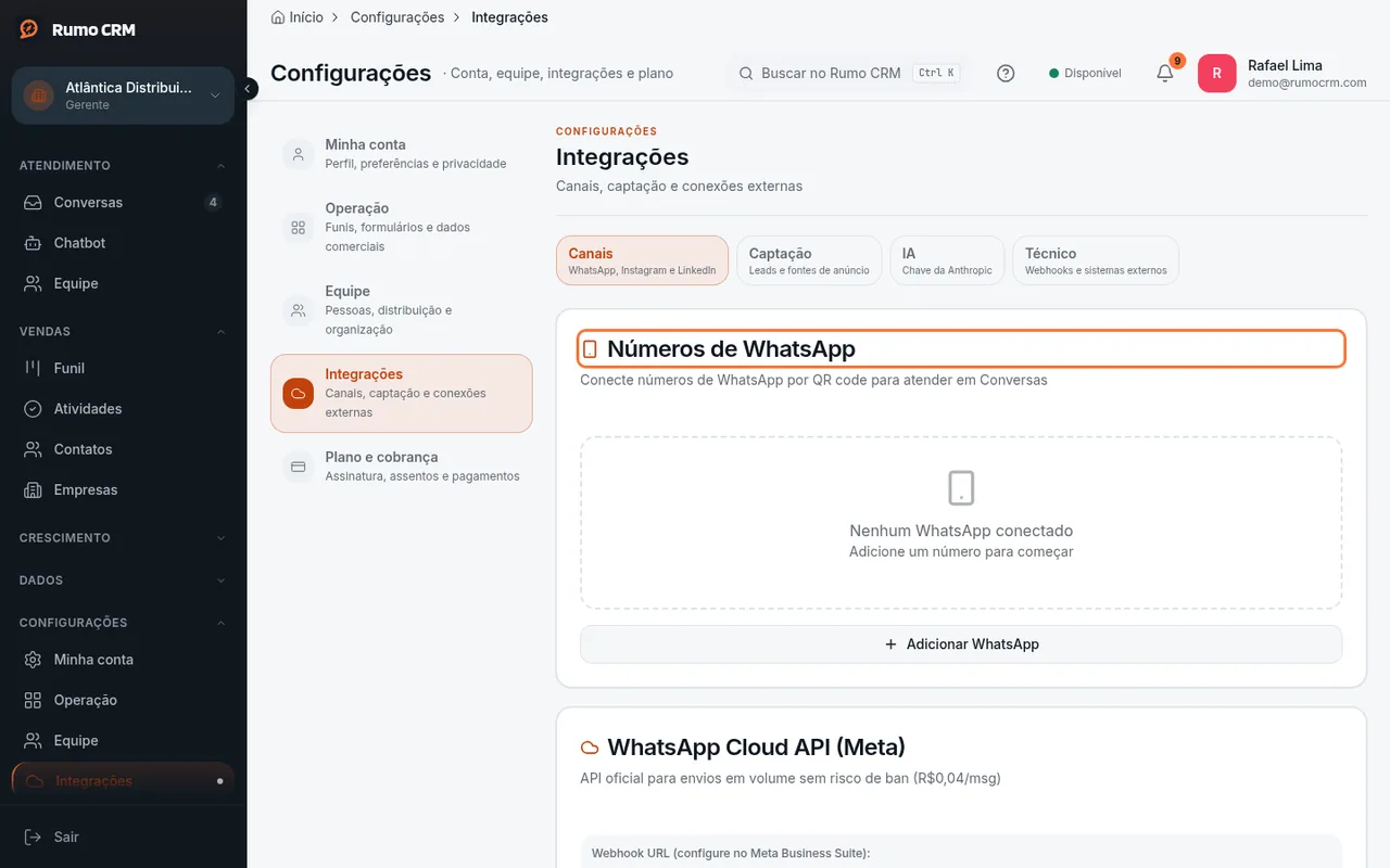 Seção Canais com os números de WhatsApp