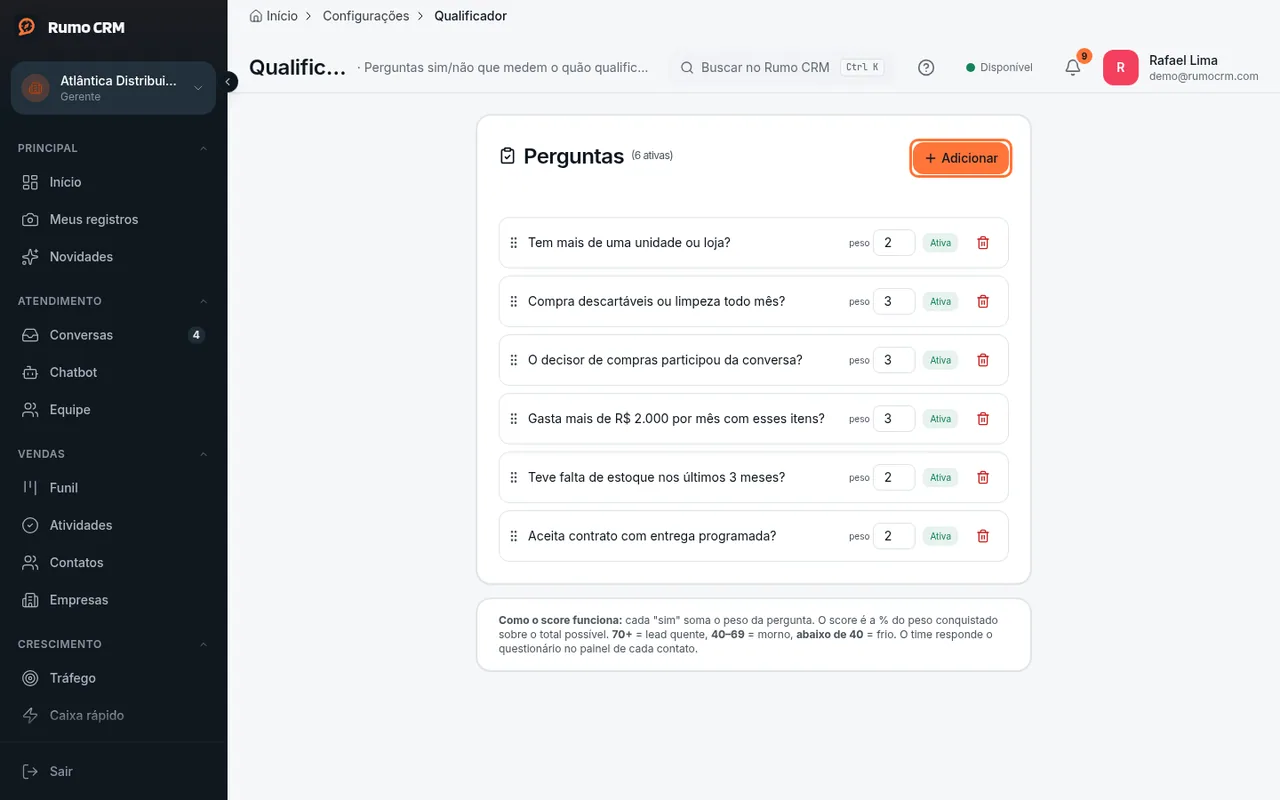 Tela Qualificador com o botão Adicionar