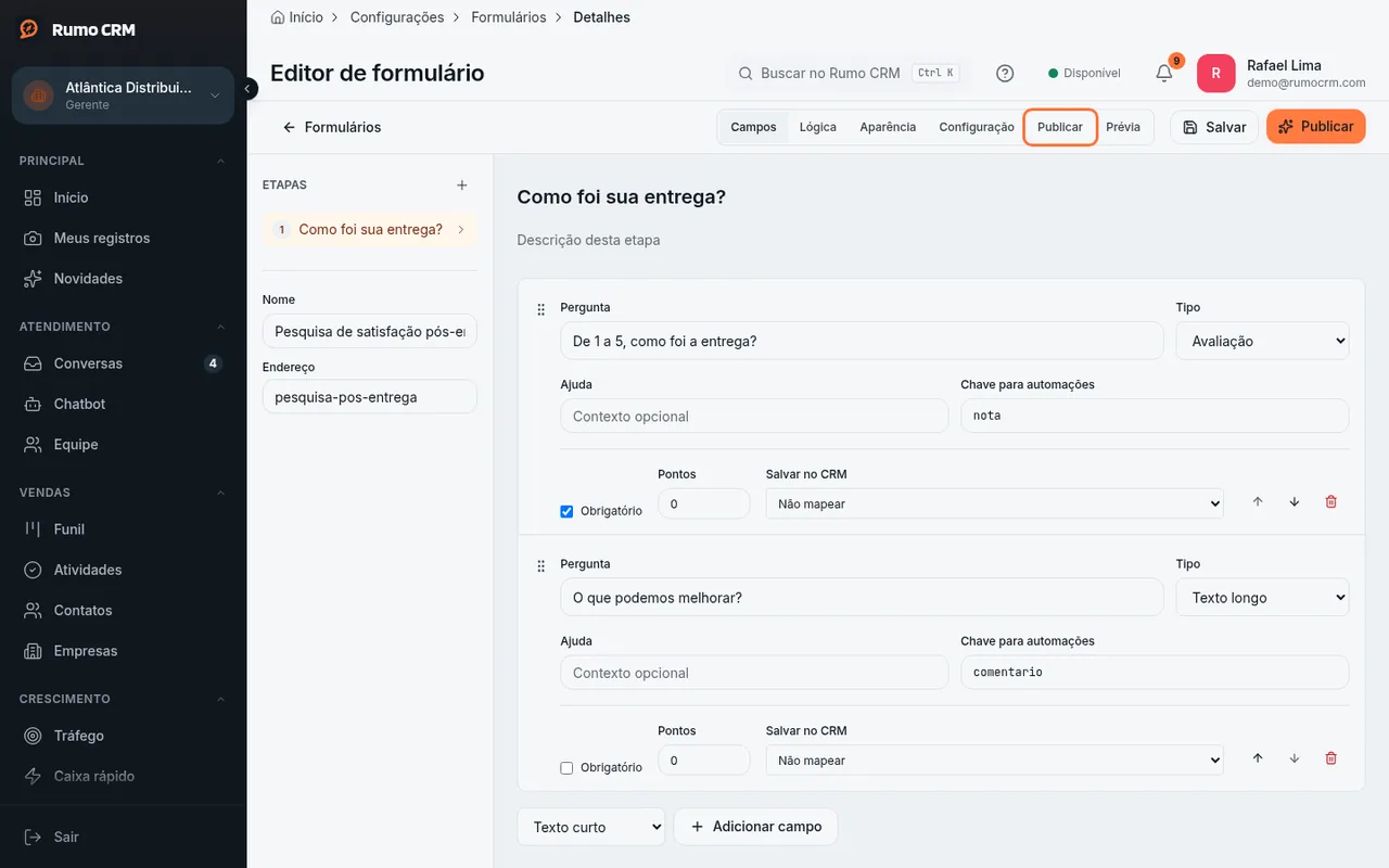 Botão Publicar do editor