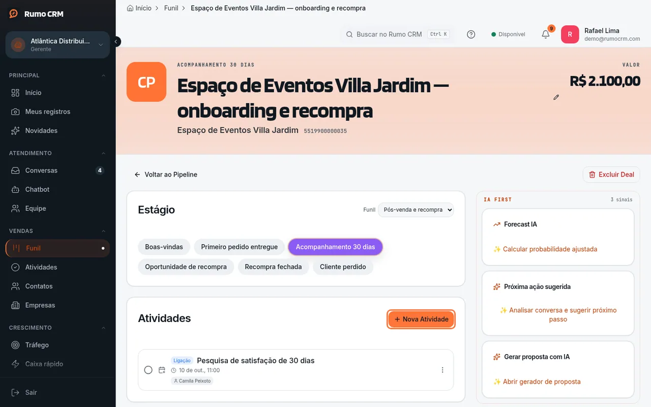 Botão Nova Atividade no negócio