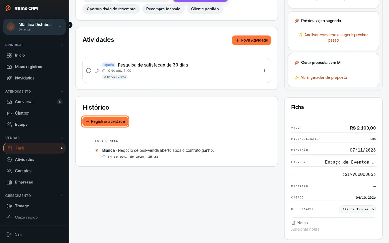 Registrar atividade no Histórico