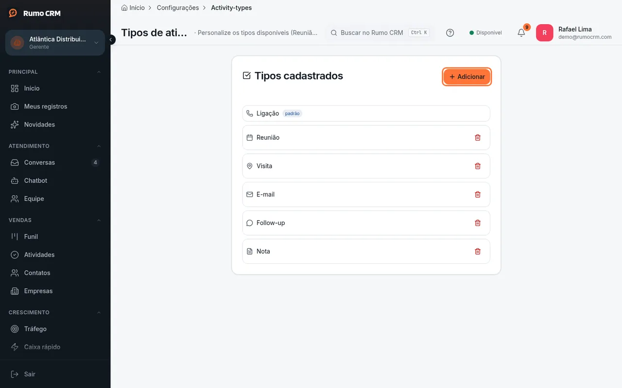 Botão Adicionar em Tipos de atividade