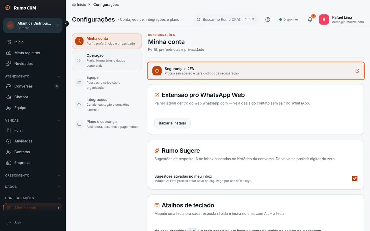 Card Segurança e 2FA em Minha conta