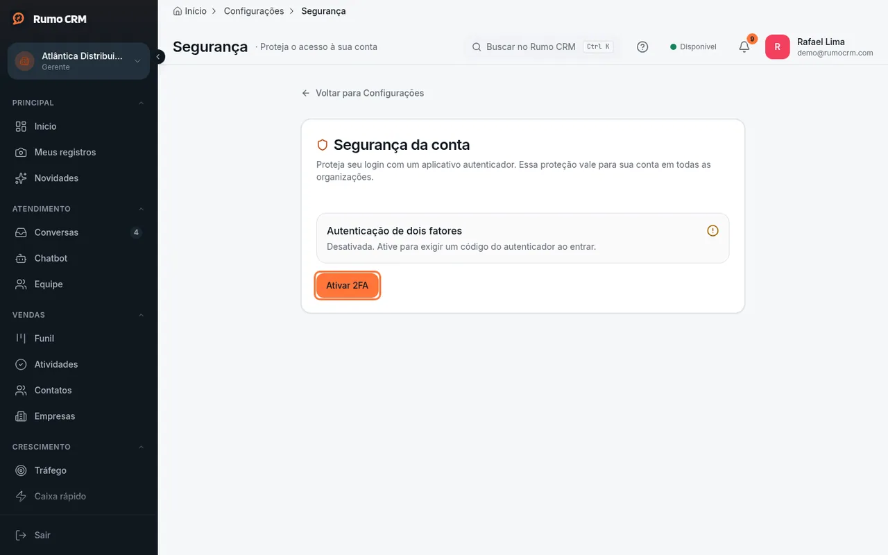 Botão Ativar 2FA