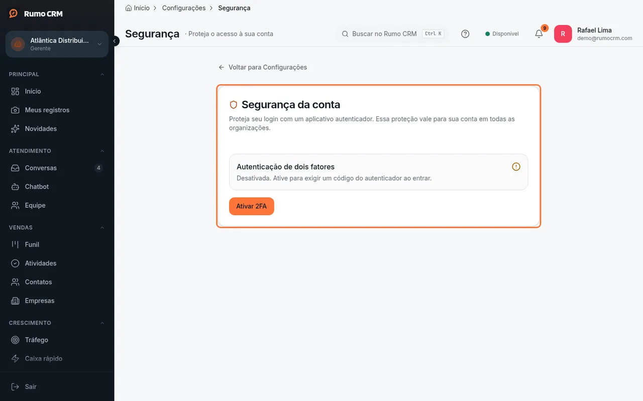 Card Segurança da conta com os códigos