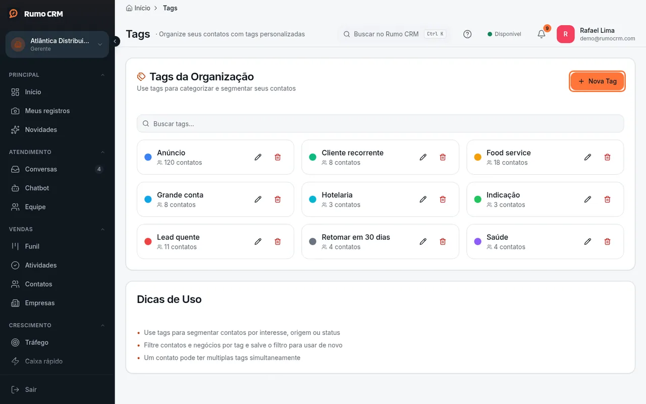 Lista de tags e botão Nova Tag