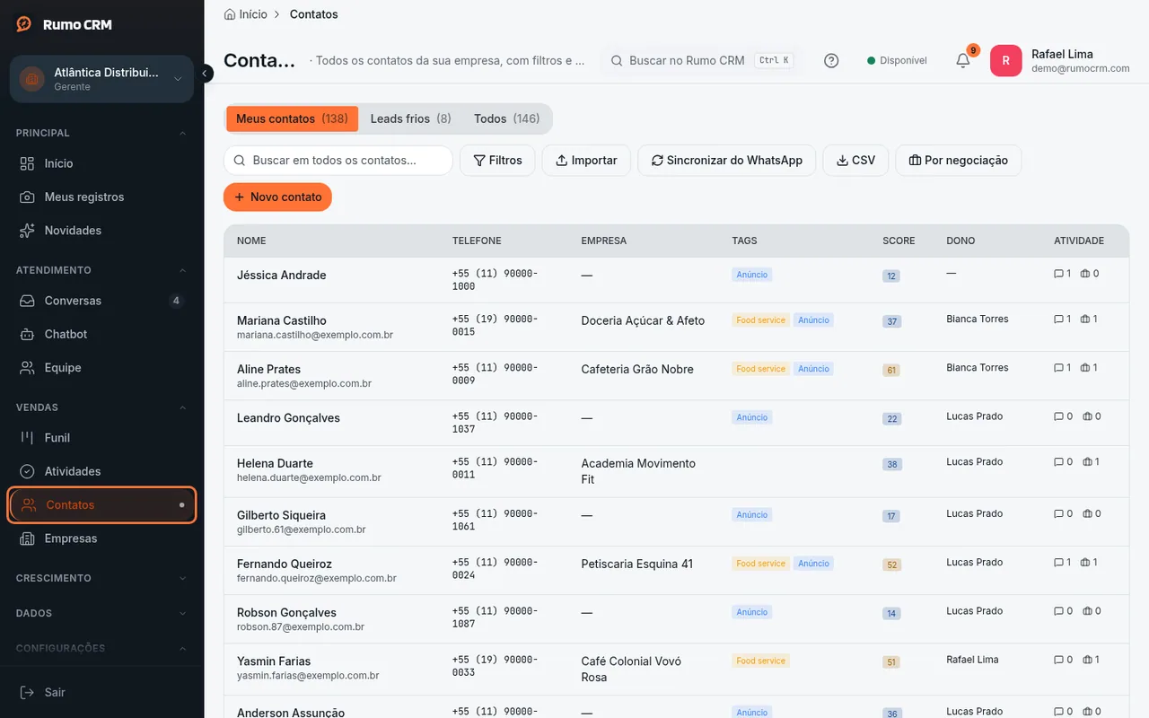Item Contatos no menu lateral