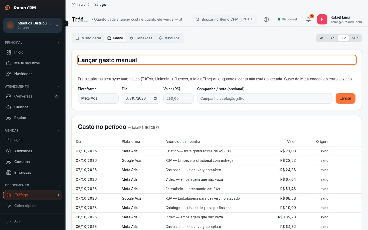 Lançar gasto de outra plataforma