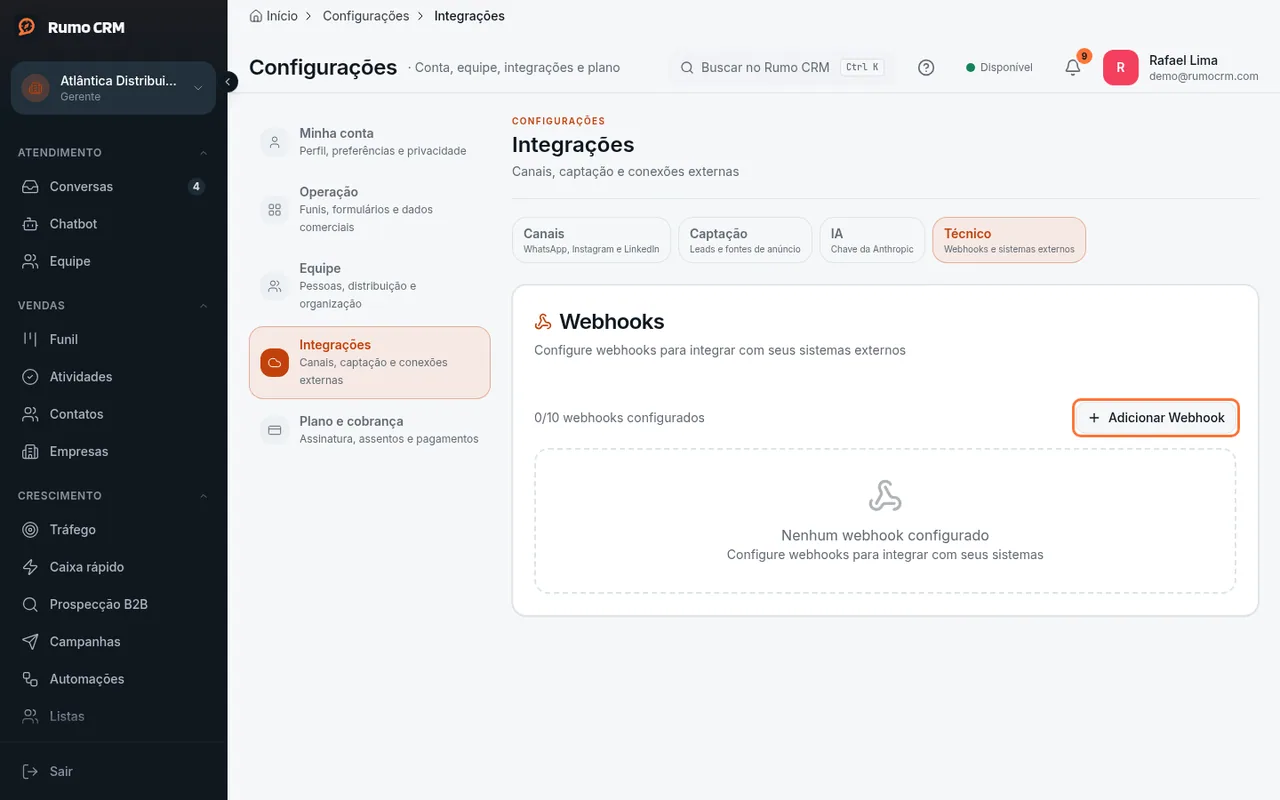 Botão Adicionar Webhook
